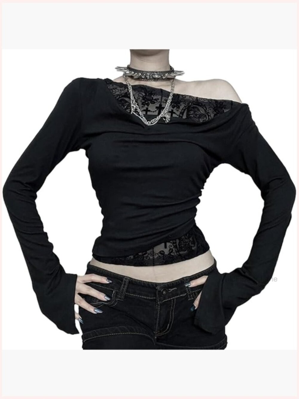Off Shoulder Goth Crop Top Mesh Patchwork Long Sleeve Blouses Y2k Outfits - Picture 1 of 6